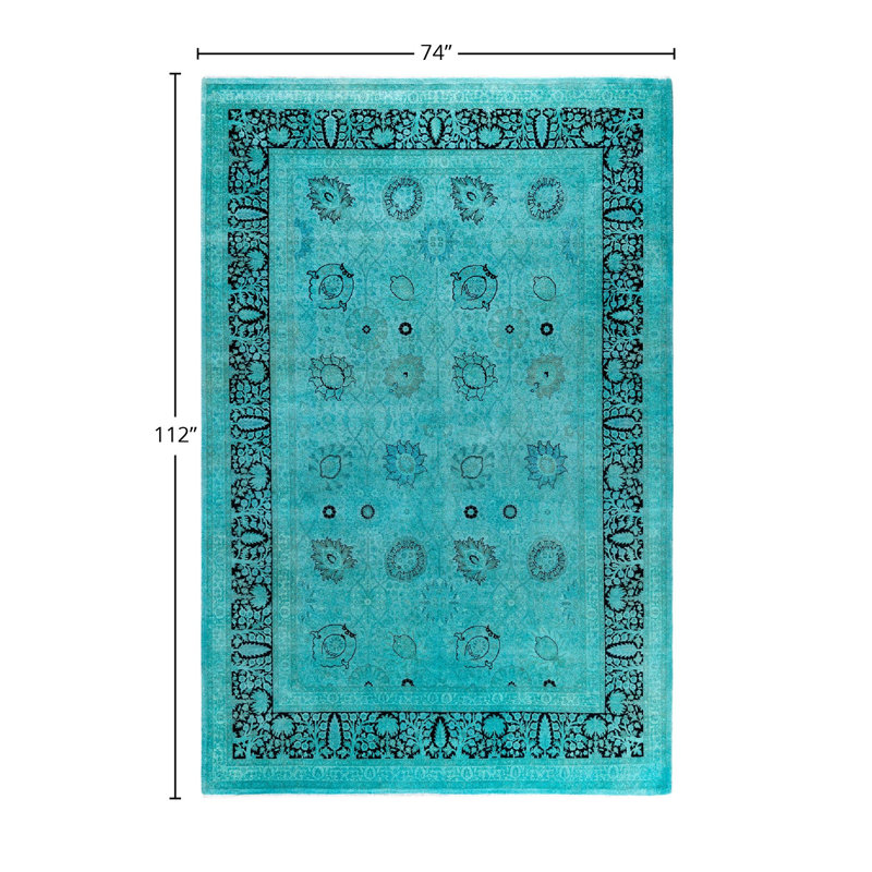 Tapis unique bleu / turquoise / gris anthracite de 6 pi 2 po x 9 pi 4 po Overdyed