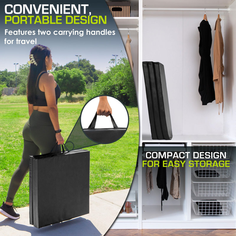 Black Tri-Fold Thick Exercise Mat with Carrying Handles