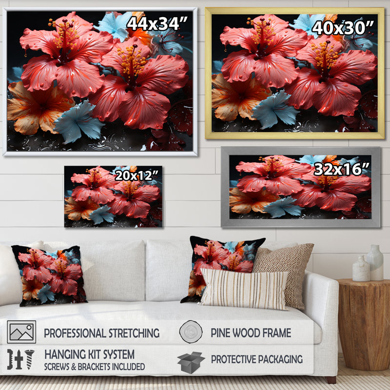 Hibiscus en fleurs sur verre, Toile tendue, H 34 po x l 44 po x P 1,5 po