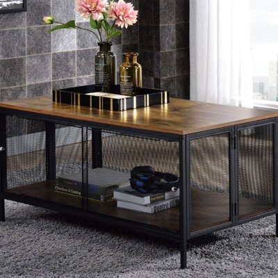 Table basse rectangulaire avec plateau pliable, plateau en chêne antique et base en filet de métal noir, 1 compartiment 4 portes coulissantes, 41 po de style industriel en profondeur, placage de papier sur un plateau en bois, largeur en fer de 22 po