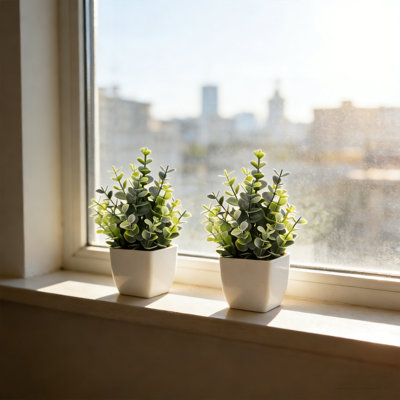 2 Pack Artificial Potted Plants Small Fake Eucalyptus - 7.8 Inch Mini Indoor Plants for Shelf, Desk, Bathroom Decor, Mantel Real Touch Faux Greenery
