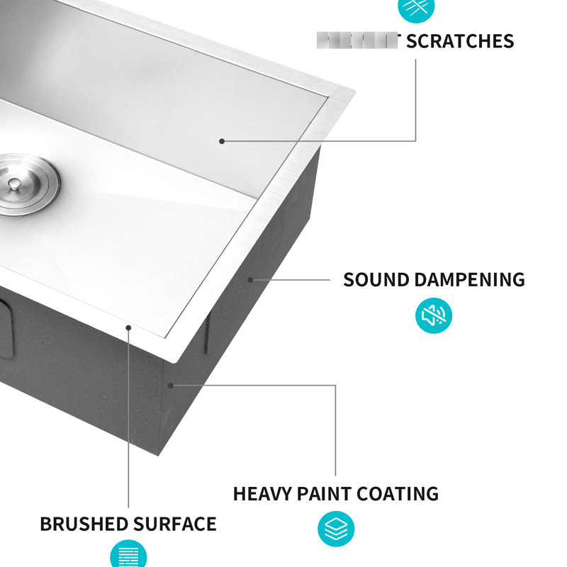 16 Gauge 28 Inch Undermount Kitchen Sink, 9 Deep Single Bowl, Brushed Nickel Finish, Drain Assembly, - Condensation Coating, Easy Drainage, Smooth Surface, Noise Reduction Bowl Deep, Nickel, X Shaped