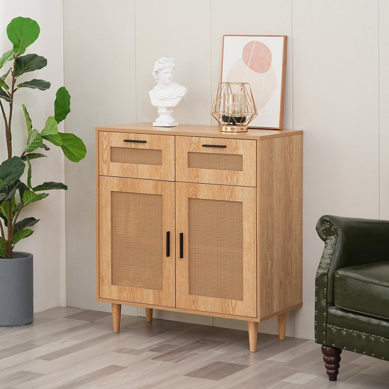 Armoire en rotin, buffet en bois avec rangement, armoire décorative avec 2 portes et 3 tiroirs, armoire à chaussures, armoire de cuisine, 31,5 po x 15,8 po x 34,6 po, naturel