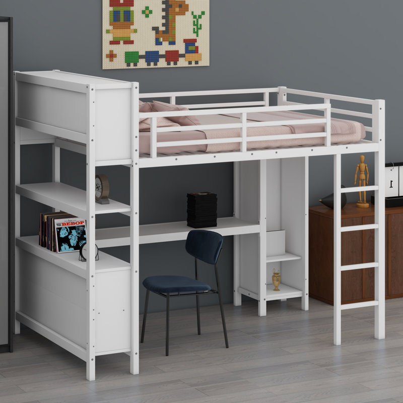 Lit mezzanine en métal avec garde-robe et bureau en L, avec cubes de rangement et tablettes, Blanc