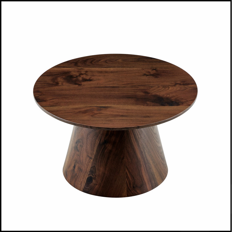Table basse ronde en MDF imitation noyer, à la texture raffinée et au design polyvalent, idéale pour les salons modernes.
