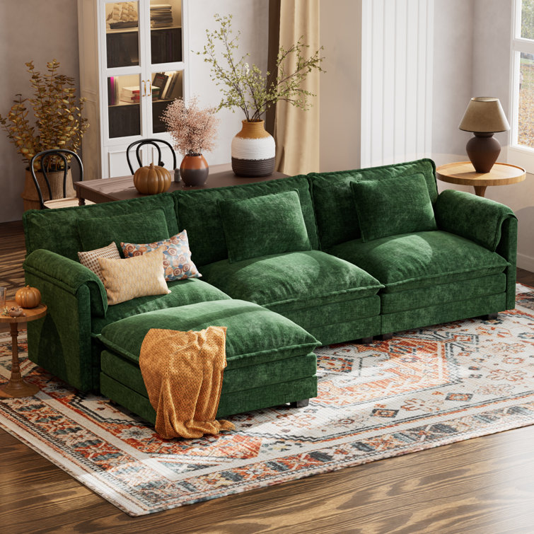 4-Piece 115'' Reversible Modern Upholstered L-Shape Sectional Sofa With Ottoman- Premium Velvet  Fabric