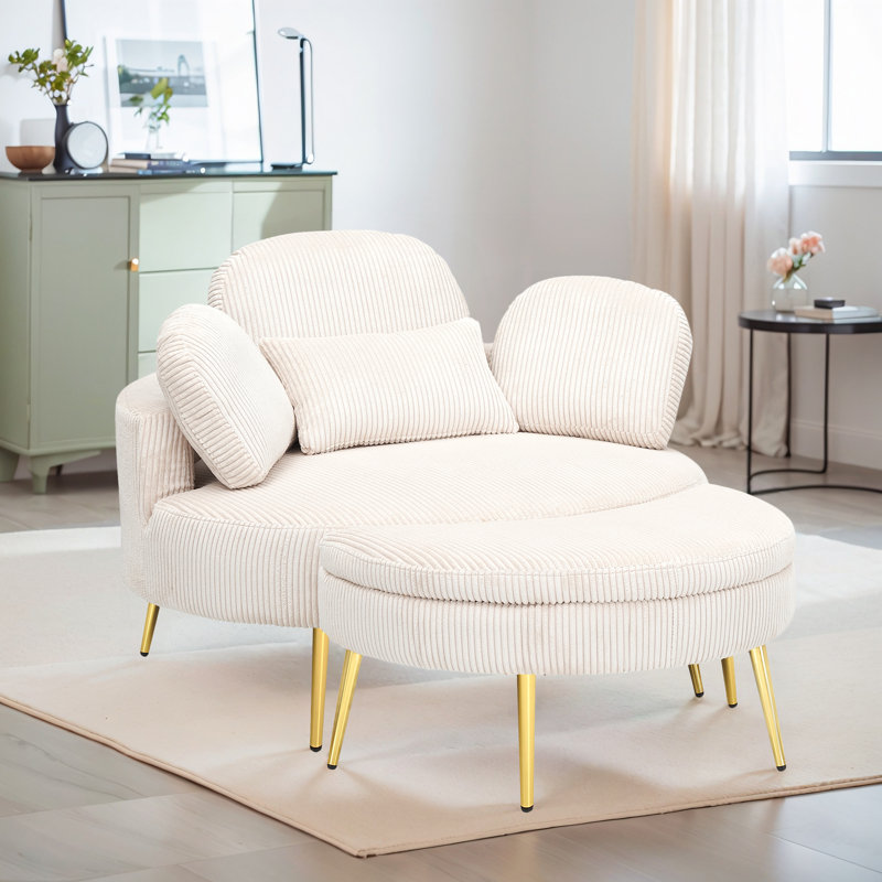 Chaise d'appoint ronde en velours côtelé avec appui-tête réglable, coussins décoratifs et repose-pieds - Canapé-lit convertible pour petits espaces