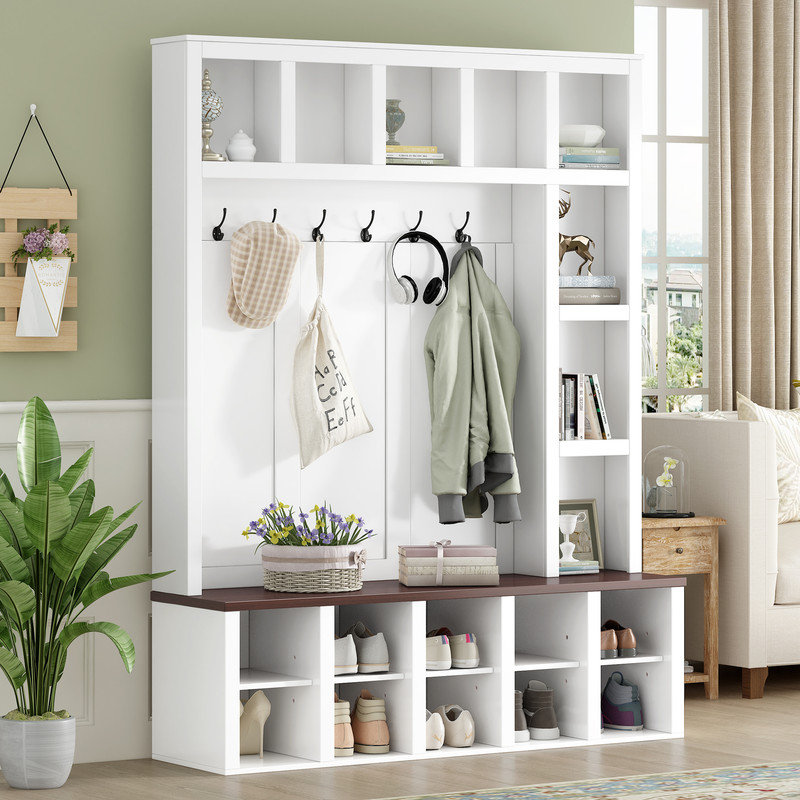 Arbre d'entrée de 59 po de largeur avec banc et rangement pour chaussures, Blanc