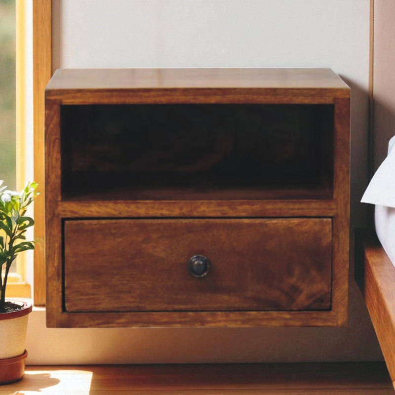 Solis 1-Drawer Chestnut Wall-Mounted Nightstand, 1 Open Slot, Brown, Brown