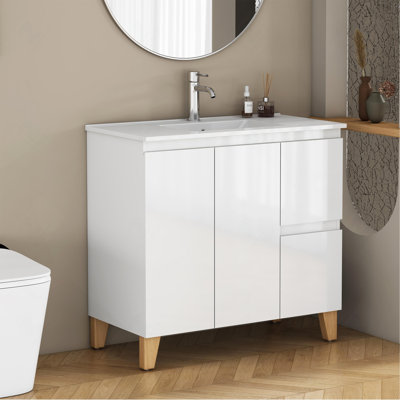 36" Handle-Free Glossy White Bathroom Vanity with Ceramic Sink, 2 Doors, 2 Large Drawers, and Natural Solid Wood Legs