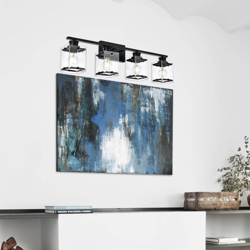 Éclairage pour salle de bain 4 lumières, luminaires de salle de bain noir moderne avec base abat-jour E26 transparent, fixation vers le haut ou vers le bas, appliques murales homologuées ETL