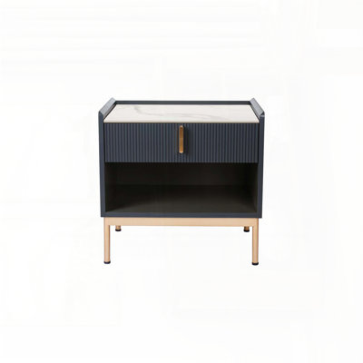 Modern End Table with Stone Top & Gold Frame – 2 Drawers