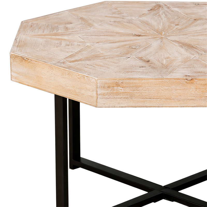 Table basse en bois octogonale rétro avec patchwork de 30 pouces en bois, Chêne, bois naturel / noir