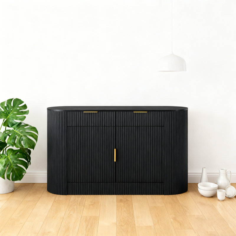 55.1" Modern Storage Cabinet – 2 Doors & 2 Drawers, Stripe MDF Sideboard With Aluminum Handles, Curved Side Door & 3-Tier Shelves, Buffet Cabinet For Living Room, Bedroom, Dining Room
