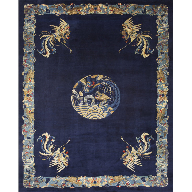 1890s Antique Wool Chinese Room Size - Peking Knotted Rectangle Blue Rug