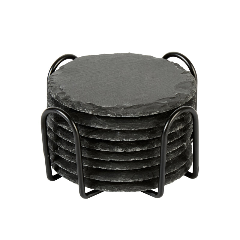  Round Slate Coasters Set - 4 Inch Stone Drink Coasters with Holder - Scratch-Free Non-Slip Coasters for Bars and Restaurants - Black