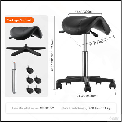 Tabouret de selle avec roulettes, capacité de poids de 400 lb, fauteuil de selle pivotant en cuir de polyuréthane épaissi réglable en hauteur pour salon, spa, tatoo, clinique, noir