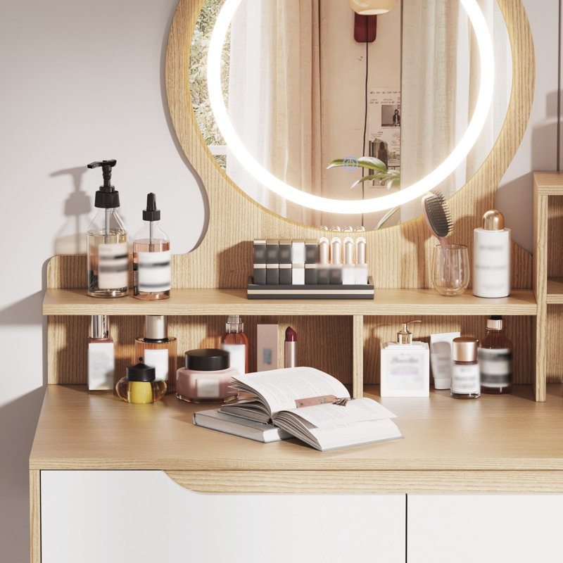 Makeup Vanity Desk with 3 Adjustable Lighted Mirror with solid wood table feet , Dressing Table Set with 4 drawers and 3 open shelves  for Small space Bedroom