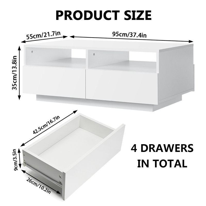 Table basse Gastelum à DEL avec lumières colorées à DEL RVB et 4 tiroirs, Blanc