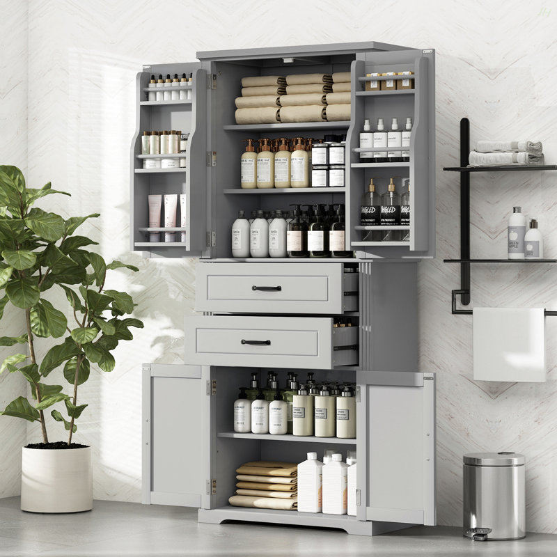 Storage Cabinet With Multi-Functional Storage Space, Doors With Storage Shelves, 2 Drawers, Adjustable Shelf, Gray