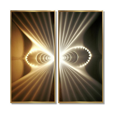Light Beams Through Space In Retro Yellow - Fractals Framed Art, Yellow Abstract Wall Decor 2 Piece