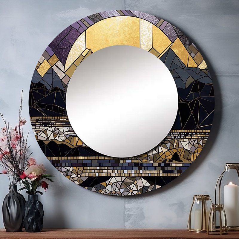 Vitrail doré Gislain - miroir unique de ville, grand miroir mural rond doré, impression d'art en métal, 23 po x 23 po
