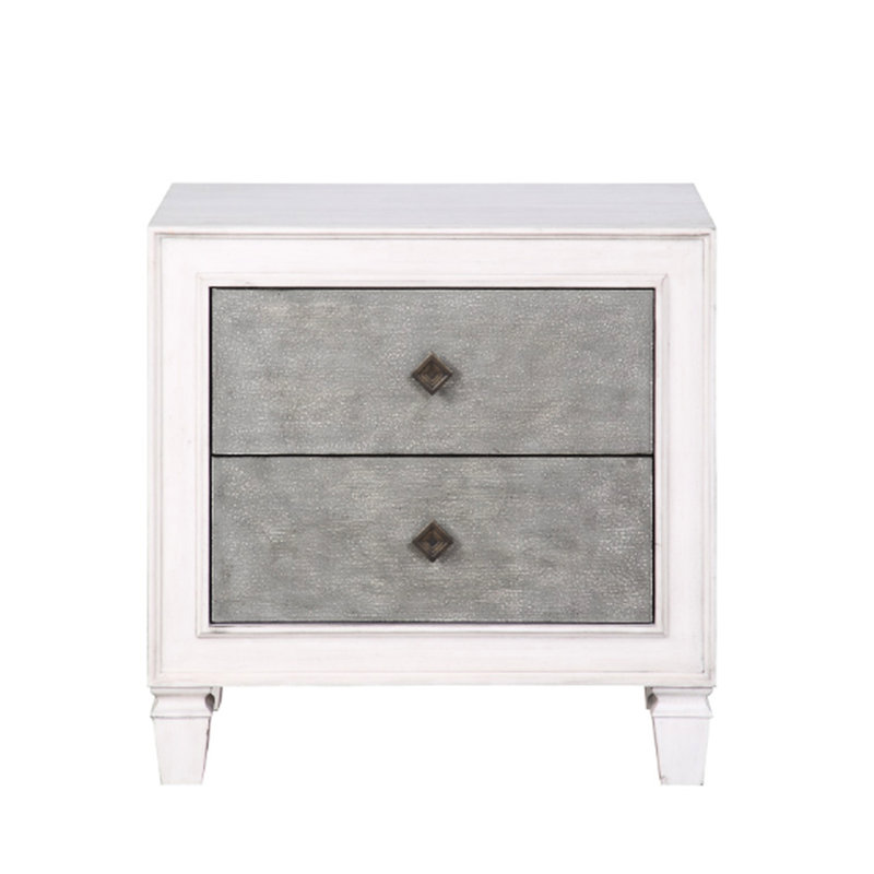 Table de chevet en gris et blanc vieilli avec tiroirs coulissants en métal