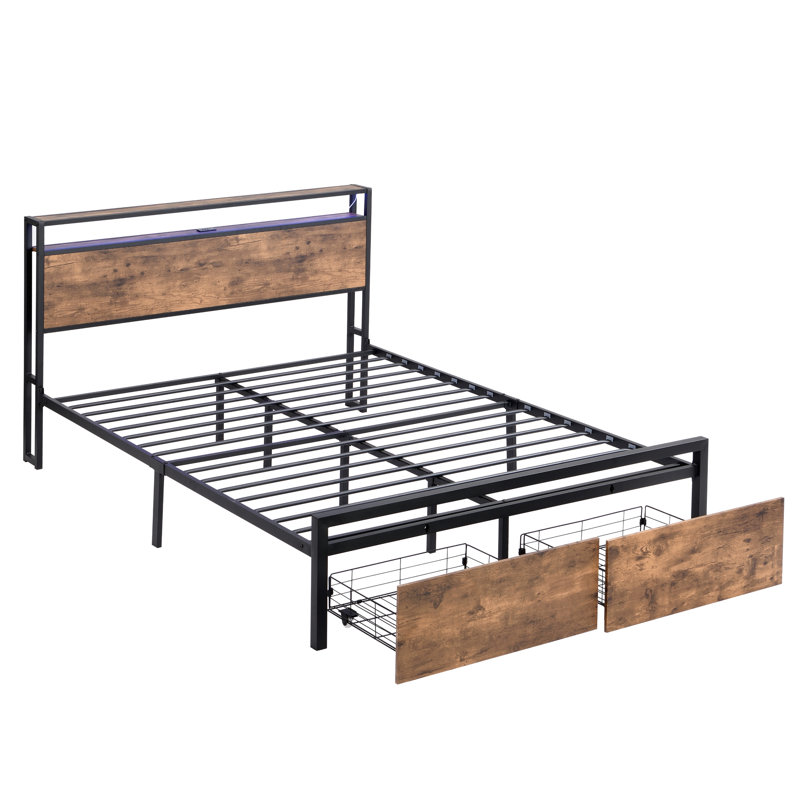 Queen Size Bed With Storage And , Rustic Look, Metal Platform, Noise- Frame Lights, Construction, Easy Assembly, Queen