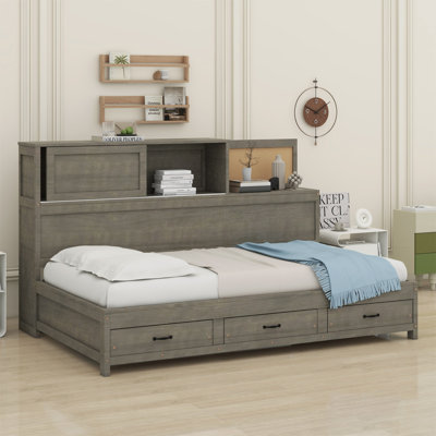 Lit de jour en bois avec 3 tiroirs de rangement, tableau souple supérieur, tablette et ensemble de prises et ports USB