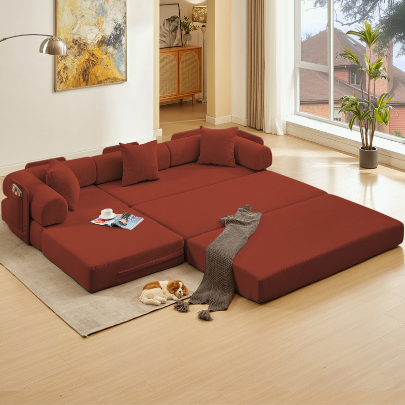 Canapé modulaire en L en velours côtelé avec poche latérale, Velours côtelé rouge