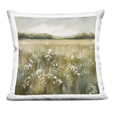 Neutral Field Of Flowers Decorative Printed Throw Pillow design by Petal Prints Design