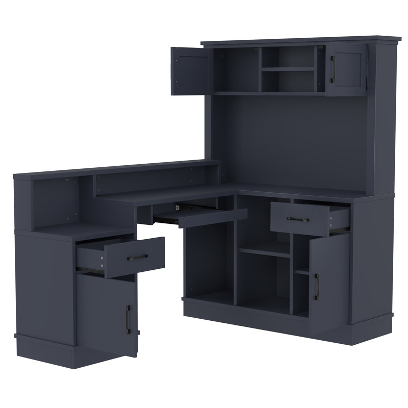 L-Shaped Computer Desk With Outlet, Drawers, Bookshelf, Modern Corner Desk, L-Shaped Study Table Writing Desk,Corner Gaming Computer Desk With Storage,Blue