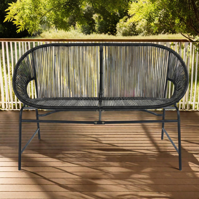 Causeuse d'extérieur en osier de patio avec cadre en fer, banc courbé 2 places, Noir