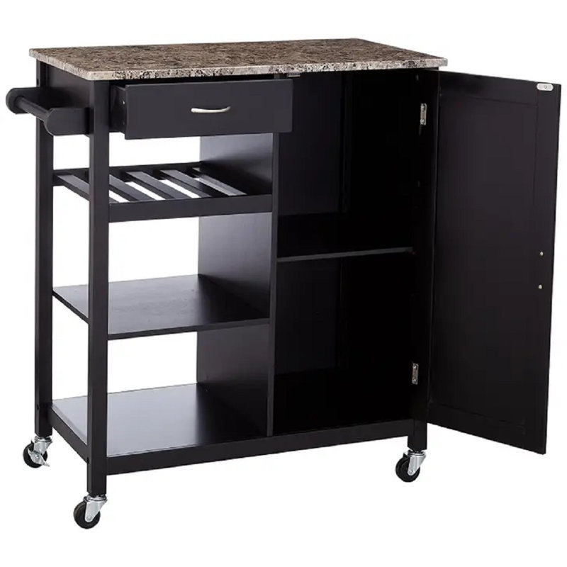 Rolling Kitchen Cart with Drawer & Cabinet, Mobile Kitchen Island with Shelves & Towel Rack for Dining Room or Coffee Bar
