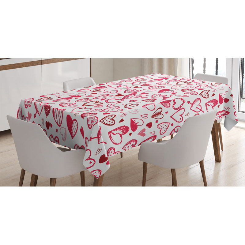 Ambesonne Love Tablecloth, Valentine Hearts Gatherings Engagement Honeymoon Arrow Doodle Style Print, Rectangular Table Cover For Dining Room Kitchen Decor, 52" X 70", Magenta Ruby White