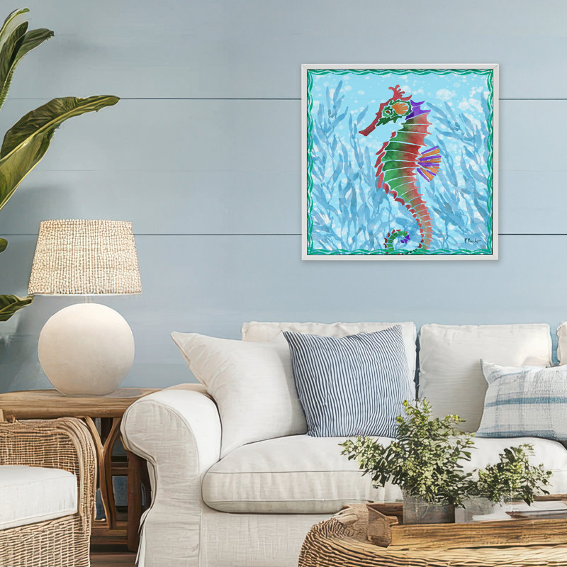 Hippocampe Radiant, H 24 po x l 24 po, Estampe numérique encadrée blanc bord de mer