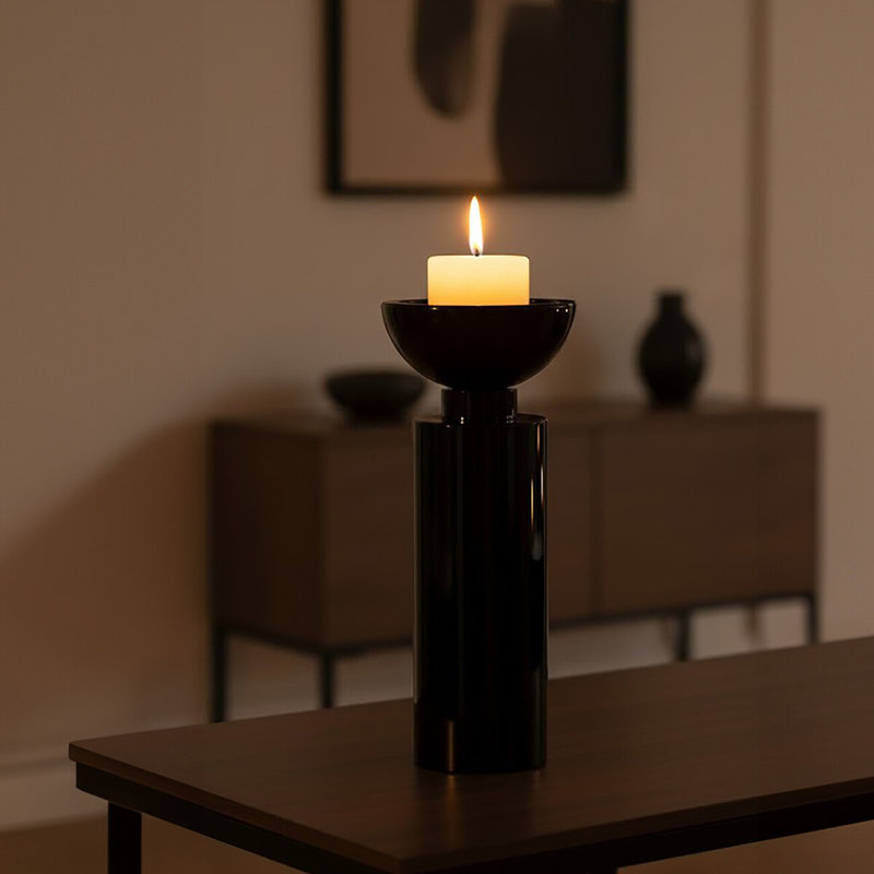 Glass Tabletop Tealight Holder, Black, 25cm H x 10cm W x 10cm D