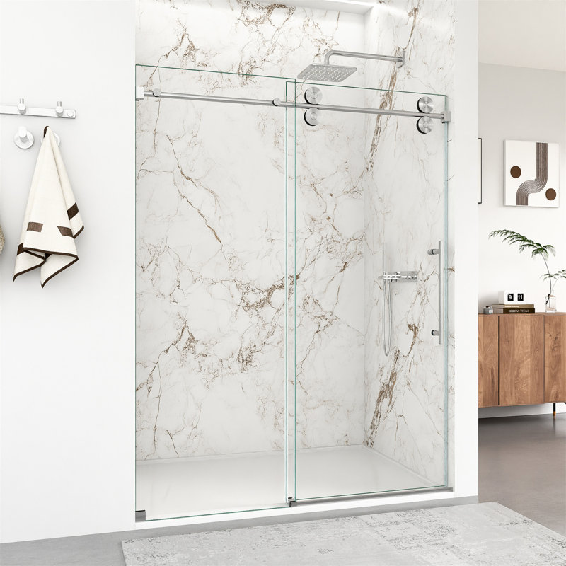 56"-60"W X 72"H Frameless Single Sliding Shower Door – 5/16" (8Mm) Clear Tempered Glass, Bypass Design, Brushed Nickel