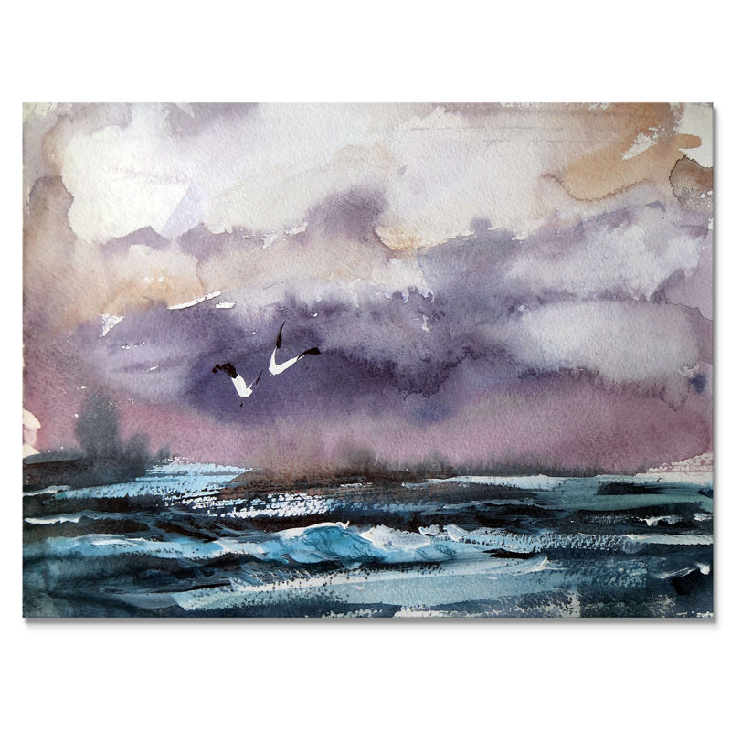 Vague et goélands - Peinture sur toile, H 8 po x l 12 po x P 1 po, Toile tendue