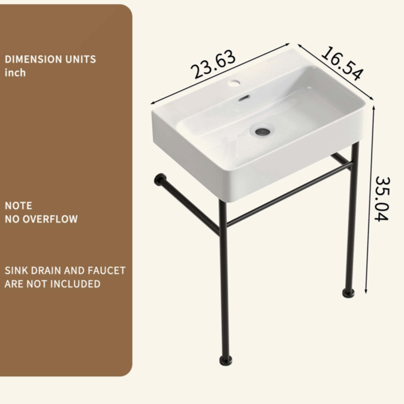 Lavabo de salle de bain console en acier inoxydable 24 po x 16,5 po x 34,65 po