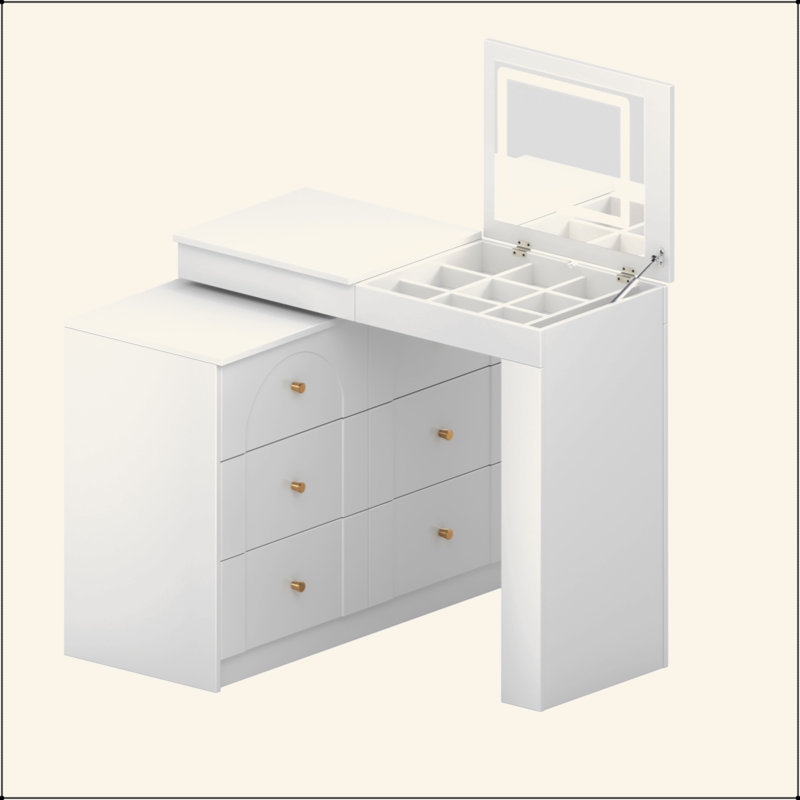 Bureau de meuble-lavabo avec miroir et lumières, table de maquillage avec plateau de table rabattable et rangement 7 tiroirs, 9 compartiments, 3 tablettes, 3 tables de maquillage à modes de couleurs réglables pour la chambre à coucher