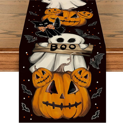 Halloween Table Runner Seasonal Cat Boo Pumpkin Ghost Boo Black Cat Design for Kitchen Dining Table Decoration Halloween Indoor Outdoor Home Decor 13x72 Inch