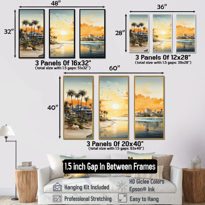 Paysage urbain côtier coucher de soleil - art mural coucher de soleil côtier, Cadre flottant doré, H 28 po x l 36 po x P 1 po