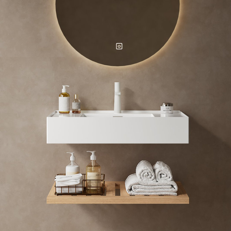 Lede 30" Bathroom Vanity , Wall-mounted Floating White Rectangular Engineered Stone Basin Without Faucet, Striped Shelves Layer, Nature Oak