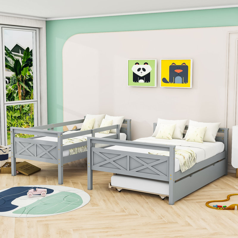 Pueblo Kids Twin Over Full Wooden Bunk Bed with Twin Size Trundle, Gray
