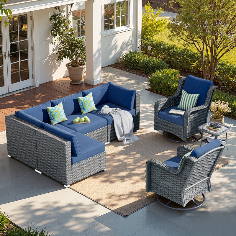 6 - Person Patio Conversation Set with Cushions, Blue, No