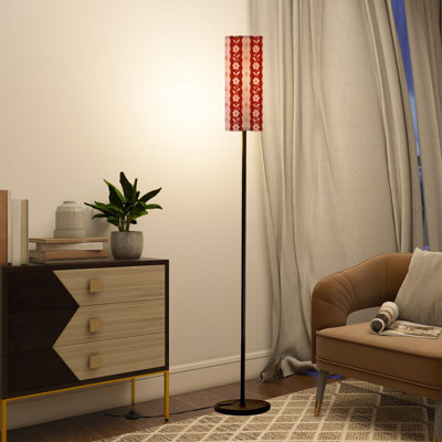  68.5" Standing Floor Lamp Red Pink Floral Stripe Vintage Style Dimmable Metal Pole Lamp with Linen Lampshade LED Bulb Included
