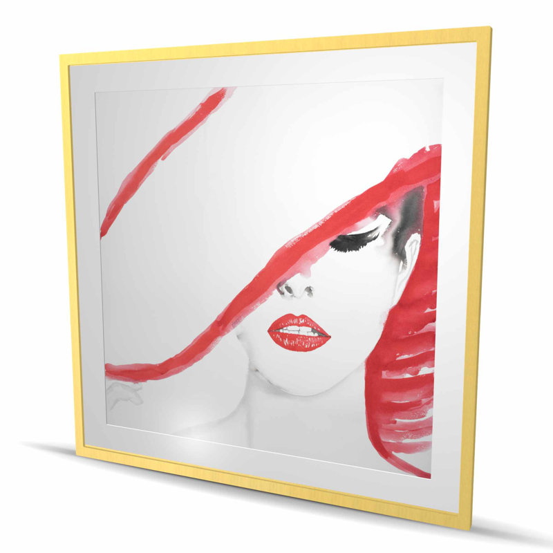 Woman with a Summer Hat - Red Illustrated Framed Print