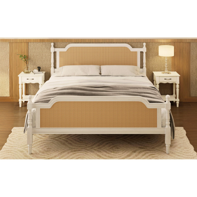 Structure de lit en rotin de style traditionnel, aucun sommier nécessaire, Blanc antique