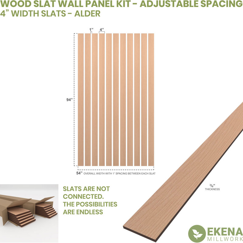 Adjustable Wood Slat Wall Panel Kit, 4"W x 94"H x 0.375"T, Alder